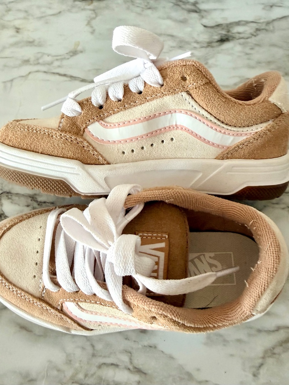 Vans Kids Tan Suede Sneakers with Pink Stripe and White Laces - Picture 2 of 5
